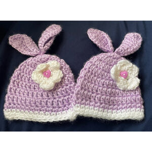 2 Twin Girls Premie Easter Bunny Ears Hats Crochet Purple